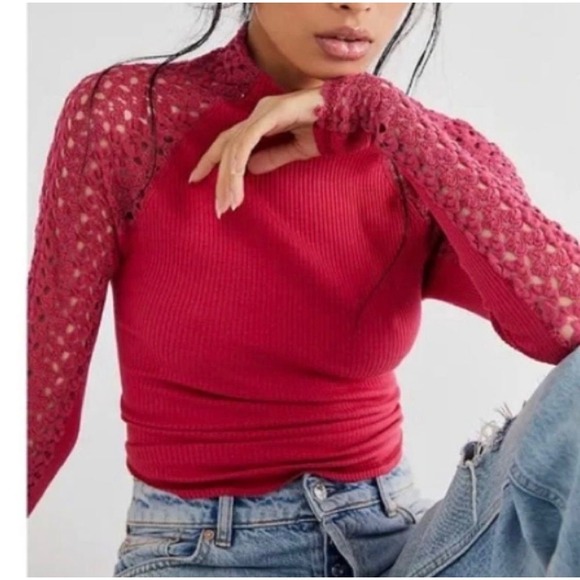 Free People Tops - Free People Clemente Top in Hot Berry Lace Sleeves Women's Size M